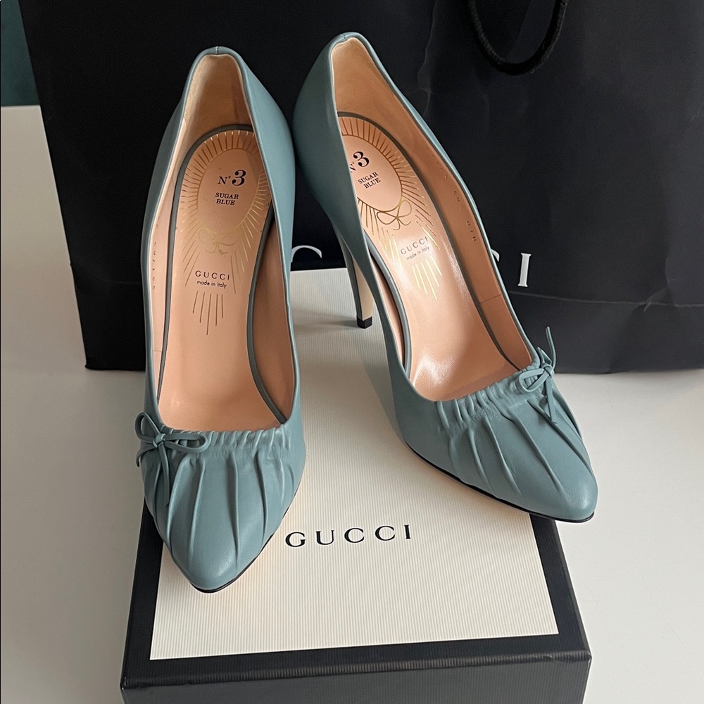 Brand New! Gucci Women's Nappa Charlotte Sugar Blue Leather Heels
